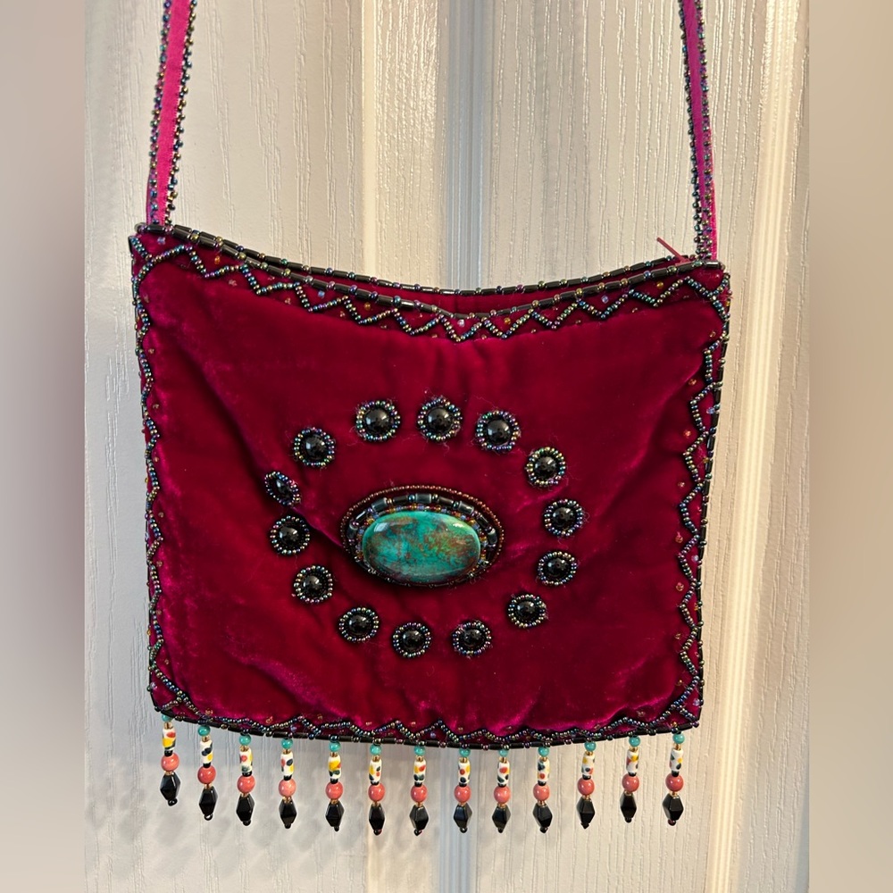 Boho Beaded Crossbody Purse - Burgundy velvet, turquoise stone, beaded fringe